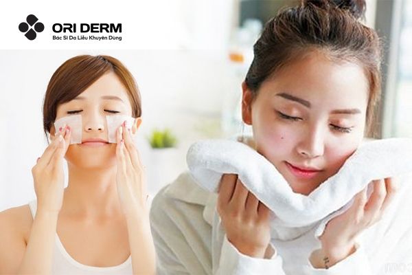 Rửa mặt, lau khô và tiến hành chăm sóc da