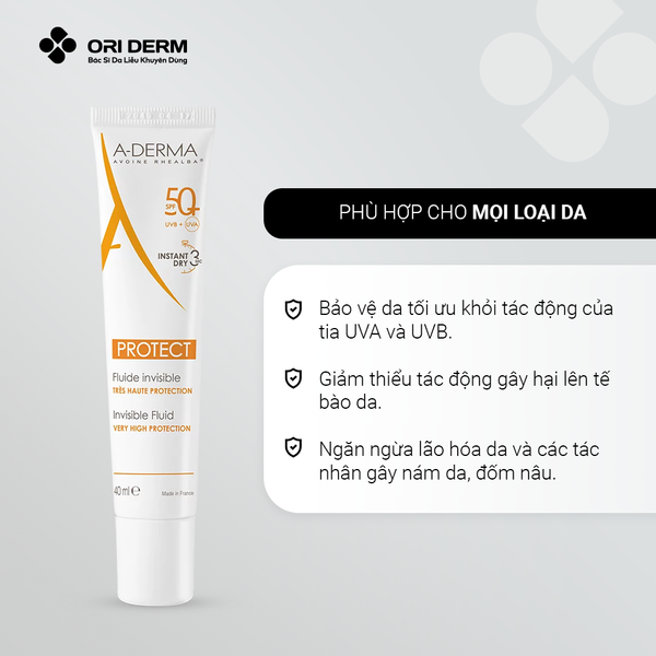 Công dụng kem chống nắng ADERMA Protect Fluid Invisible SPF50+