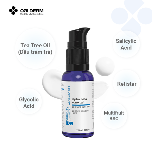Thành phần gel giảm mụn kiềm dầu Fixderma FCL alpha Beta Acne
