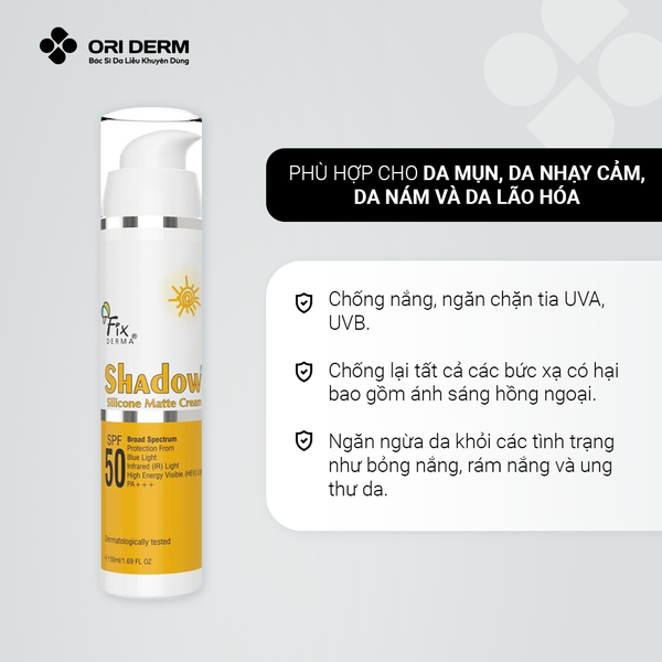 Công dụng chống nắng FIXDERMA Shadow Silicone Matte SPF50+++