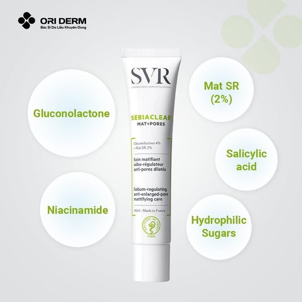 Thành phần kem dưỡng kiềm dầu SVR Sebiaclear Mat + Pores