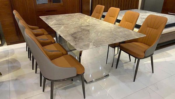 Bàn Ăn Inox Tráng Gương Mặt Đá Milenium