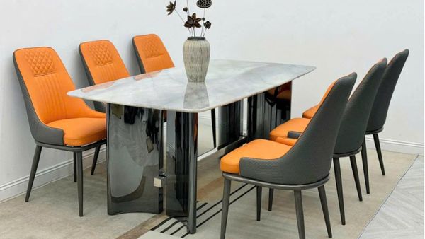 Bàn Ăn Inox Tráng Gương Mặt Đá Aster