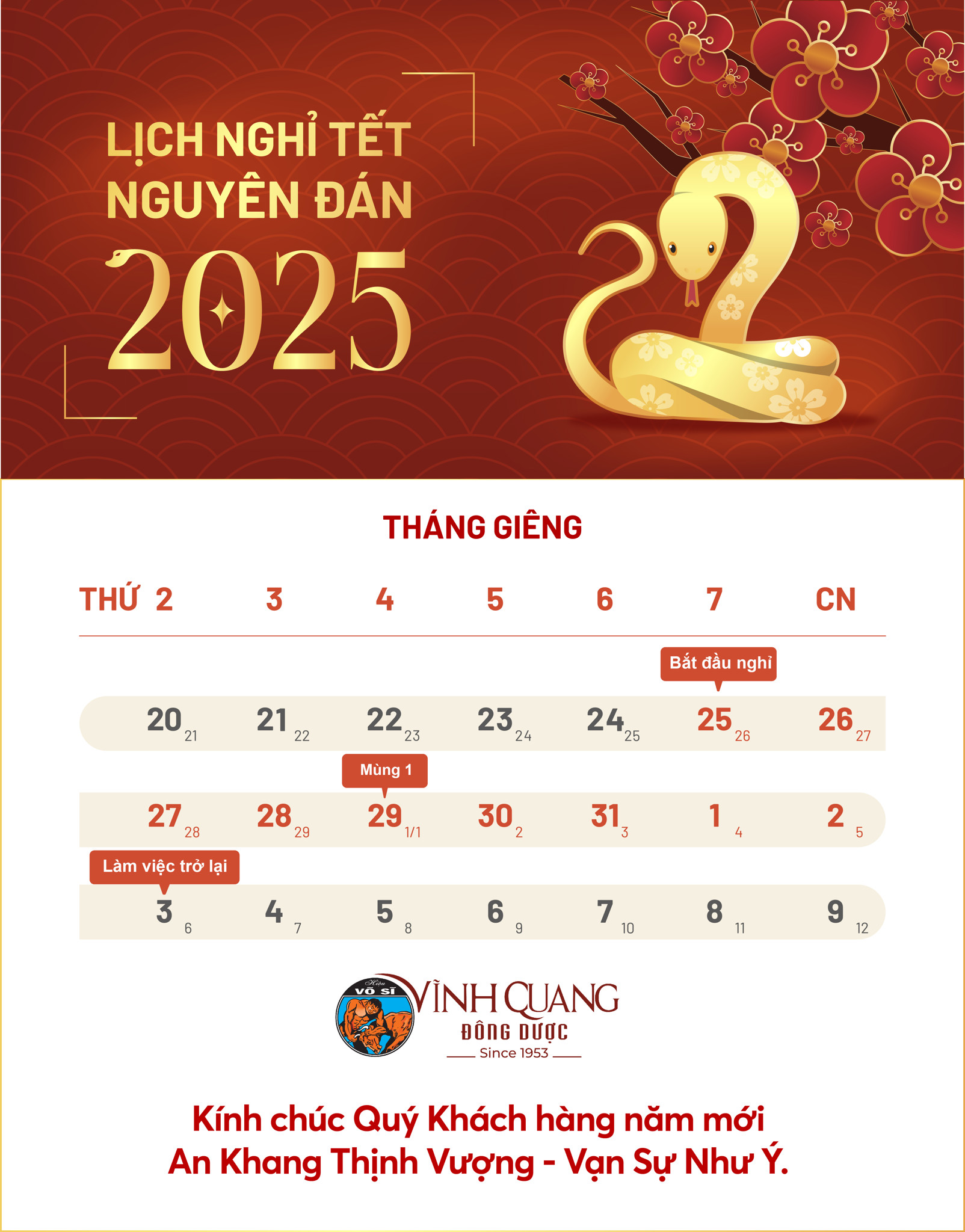 Đông Dược Vĩnh Quang thông báo lịch nghỉ Tết Ất Tỵ 2025