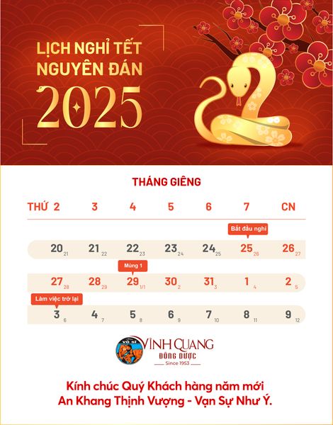 Đông Dược Vĩnh Quang thông báo lịch nghỉ Tết Ất Tỵ 2025