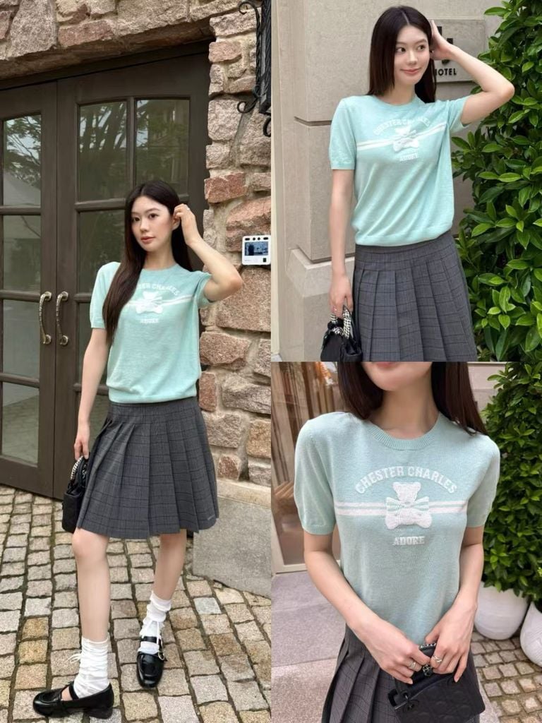ÁO XANH NGỌC CHỮ CC NGỰC - GẤU ADORE TRẮNG NEW IN
