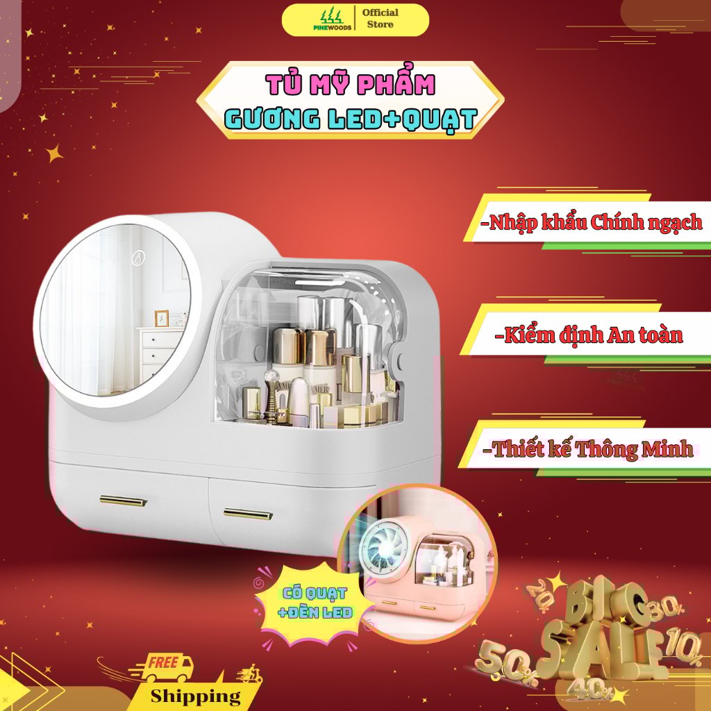 Kệ Mỹ Phẩm Có Gương 3 Chế Độ Đèn Quạt Pinewoods Chống Bụi Cao Cấp Loại 1
