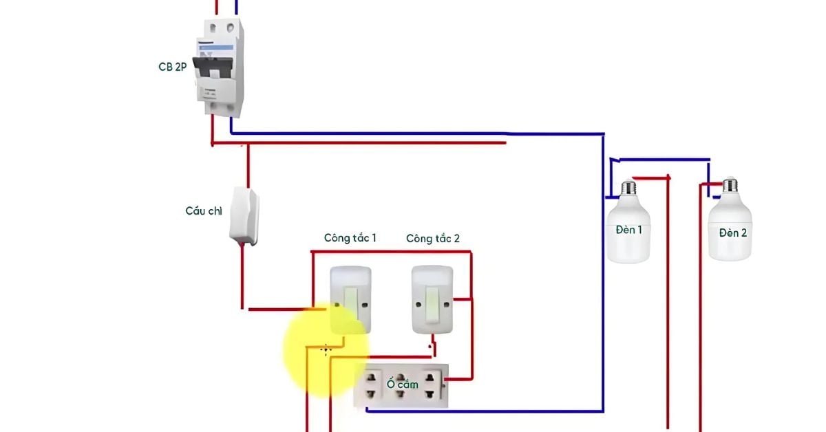 Sơ đồ nguyên lý cách đấu điện ổ cắm và công tắc.