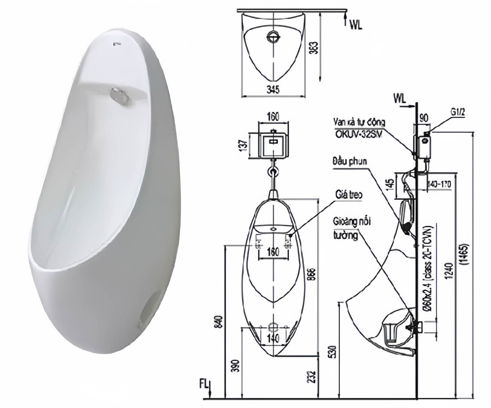 Kích thước tiểu nam tiêu chuẩn phù hợp mọi diện tích