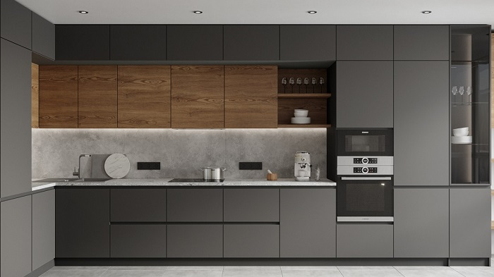 Tủ bếp gỗ xám được làm bằng chất liệu cao cấp