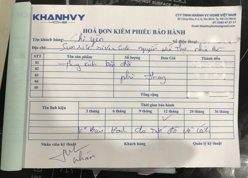Hóa đơn kiêm phiếu bảo hành thay mặt kính bếp từ tại Khánh Vy Home