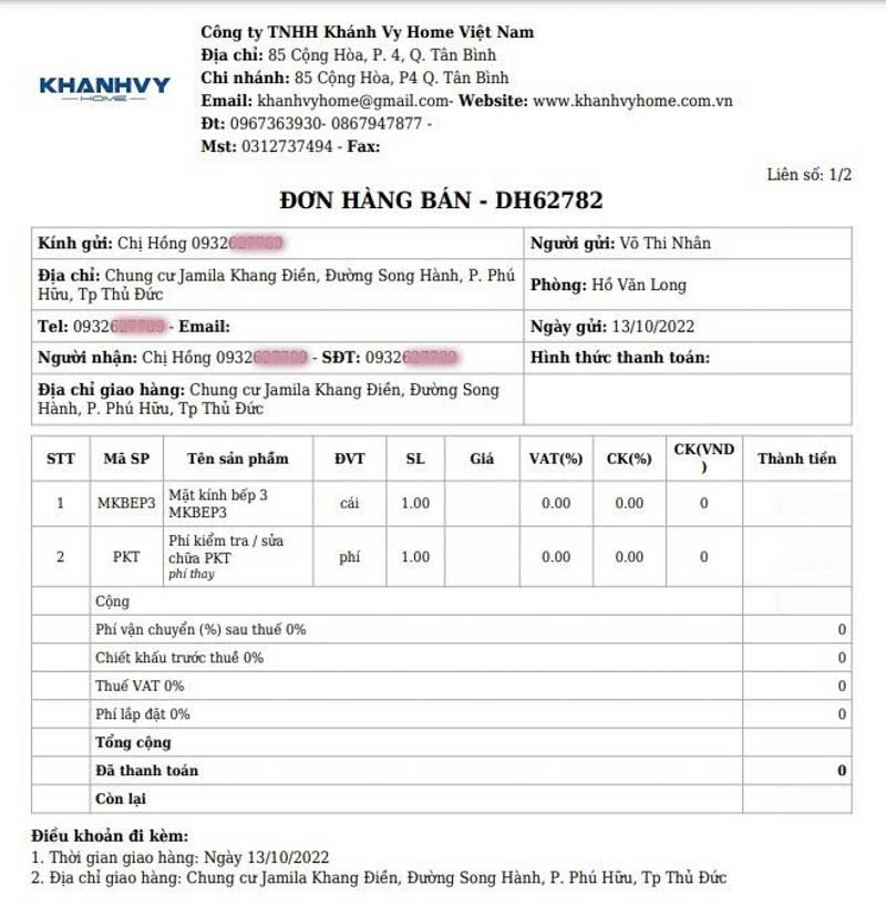  Hóa đơn thay mặt kính bếp điện từ tại Khánh Vy Home