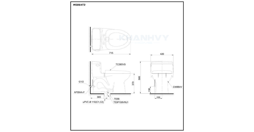 Bản vẽ kỹ thuật của bàn cầu TOTO MS864T3