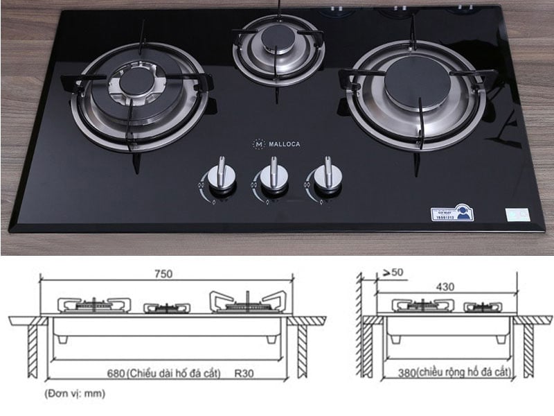 Kích thước bếp gas âm 3 lò