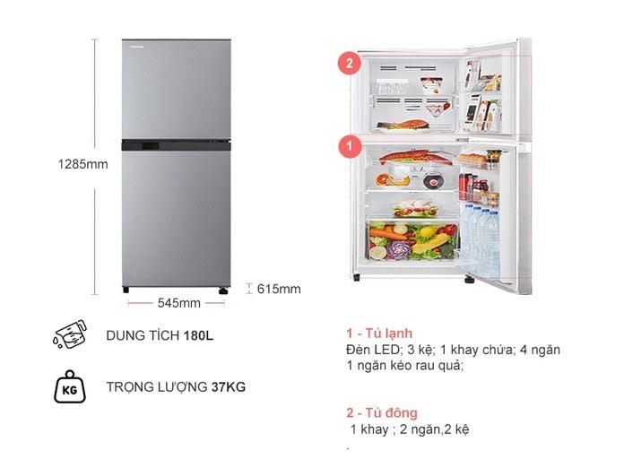 Tủ lạnh Toshiba Inverter 180 lít GR-B22VP(SS)