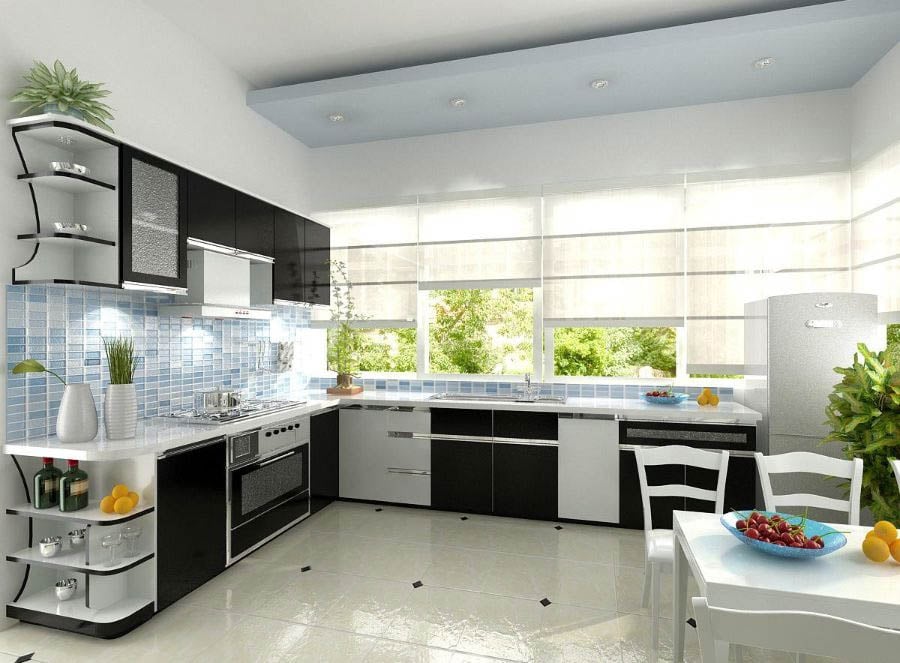 Căn bếp thiết kế hình chữ L đơn giản, tận dụng được ánh sáng tự nhiên