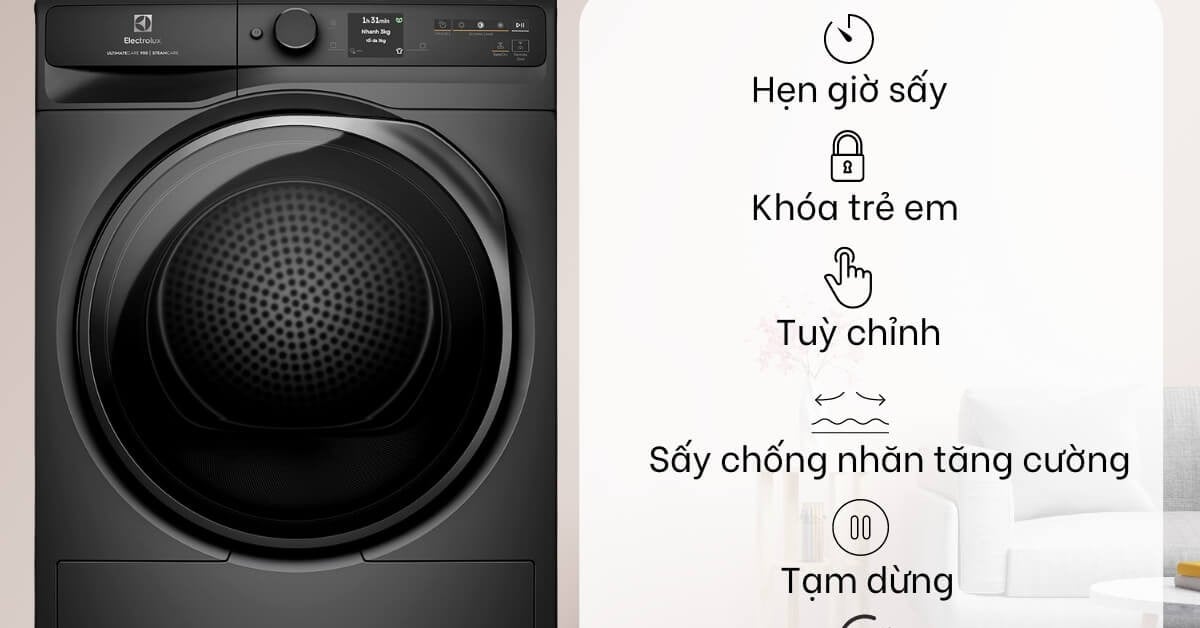Máy sấy bơm nhiệt 9kg Electrolux EDH902R9SC