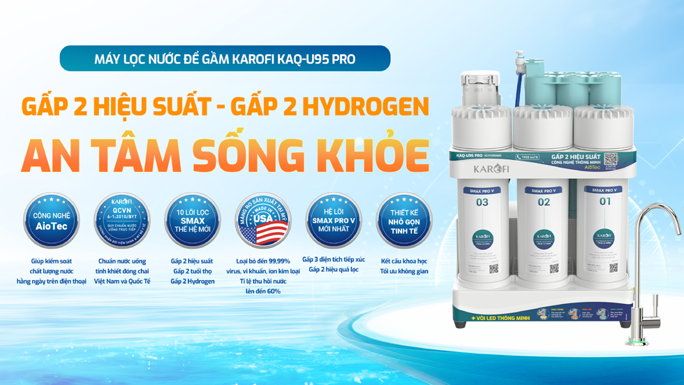 Máy lọc nước Karofi KAQ-U95 Pro RO Gấp 2 Hydrogen – Gấp 2 hiệu suất