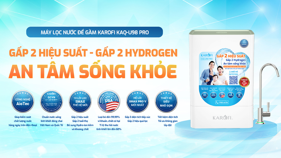 Máy lọc nước Karofi KAQ-U98 Pro RO gấp 2 hiệu suất – Gấp 2 hydrogen – An tâm sống khỏe