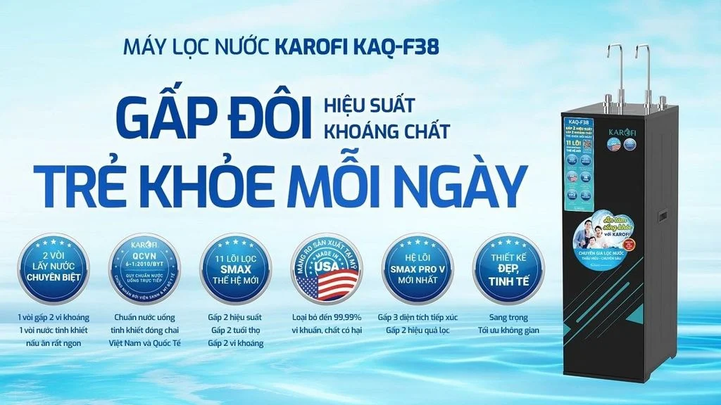 Máy lọc nước Karofi KAQ-F38 RO gấp 2 hiệu suất – Gấp 2 khoáng chất – Trẻ khỏe mỗi ngày