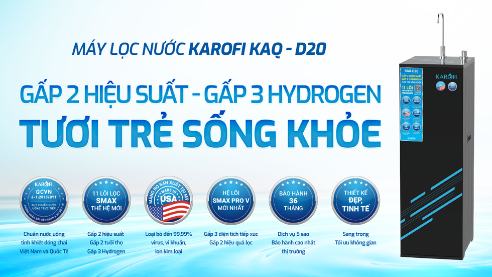 Máy lọc nước Karofi KAQ-D20 RO gấp 2 hiệu suất – gấp 3 Hydrogen, tươi trẻ sống khỏe