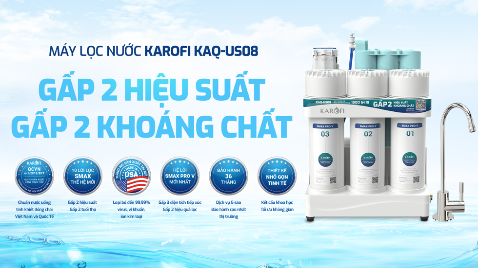 Máy lọc nước Karofi KAQ-US08 RO gấp 2 hiệu suất, gấp 2 khoáng chất
