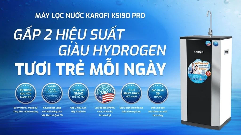 Máy lọc nước Karofi KSI90 PRO RO Gấp 2 hiệu suất – Giàu hydrogen – Tươi trẻ mỗi ngày