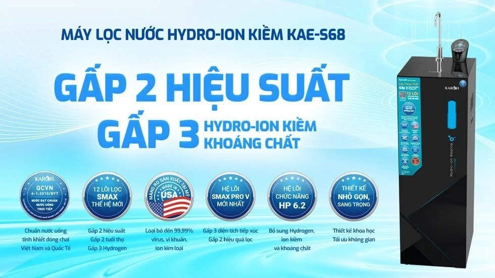 Máy lọc nước Karofi KAE-S68 Hydro-ion kiềm gấp 2 hiệu suất