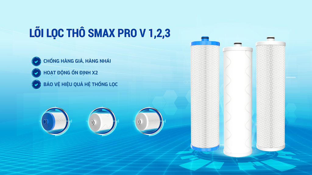 Máy lọc nước Karofi KAQ-X18 có hệ lõi lọc thô Smax Pro V 1, 2, 3 với công nghệ Smart Connect