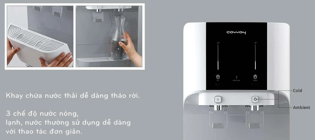 Máy lọc nước Coway CHP-671R có bảng LED hiển thị và khay chứa nước tiện lợi