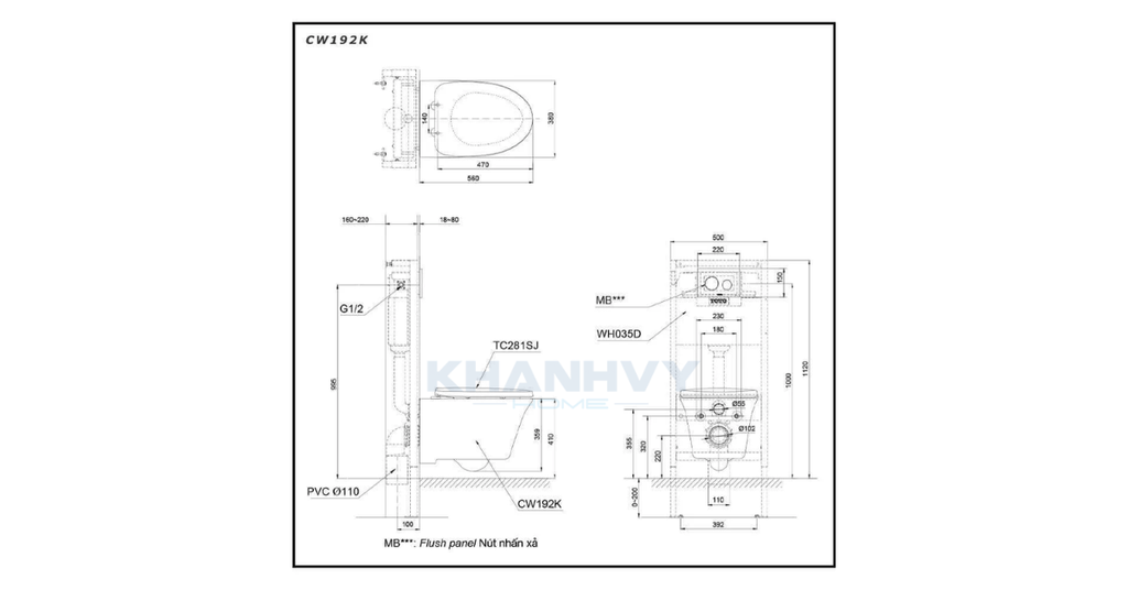 Bản vẽ kích thước của bồn cầu treo tường TOTO CW192K/TC281SJ