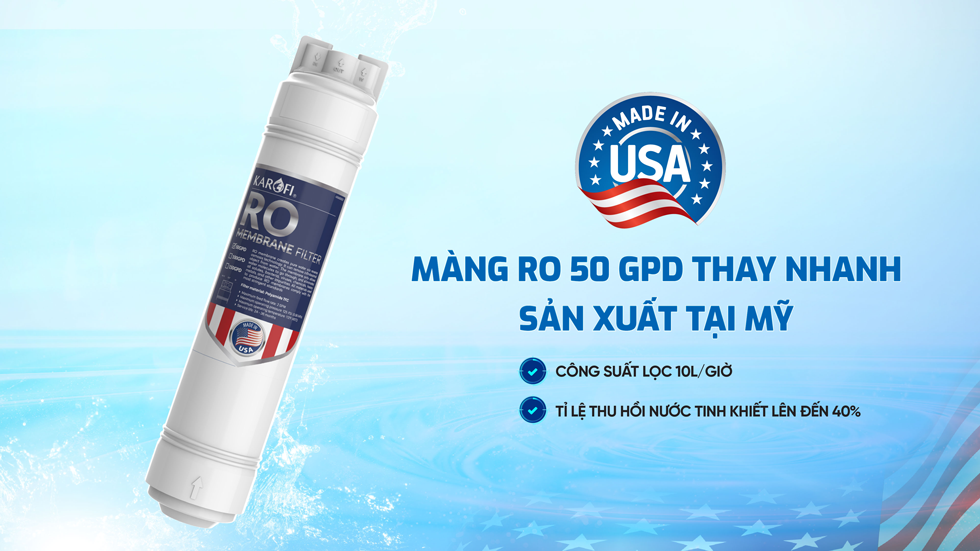 Máy lọc nước Karofi KAQ-UC05 RO có màng lọc RO 50 GPD thay nhanh sản xuất tại Mỹ