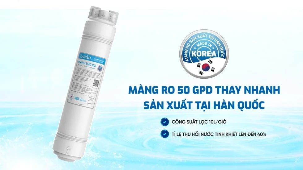 Máy lọc nước Karofi KAQ-U50K RO với màng lọc RO 50 GPD thay nhanh sản xuất tại Hàn Quốc