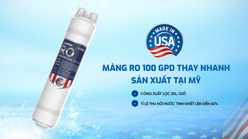 Máy lọc nước Karofi KAQ-US08 RO có màng RO Purifim 100 GPD thay nhanh sản xuất tại Mỹ