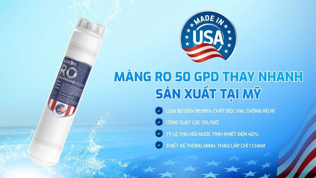 Máy lọc nước Karofi KAQ-D20 RO có màng RO 50 GPD sản xuất tại Mỹ
