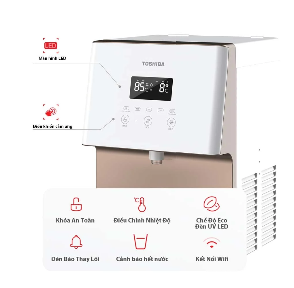 Máy lọc nước Toshiba W1630SVN(W) có màn hình LED hiển thị thông tin trực quan