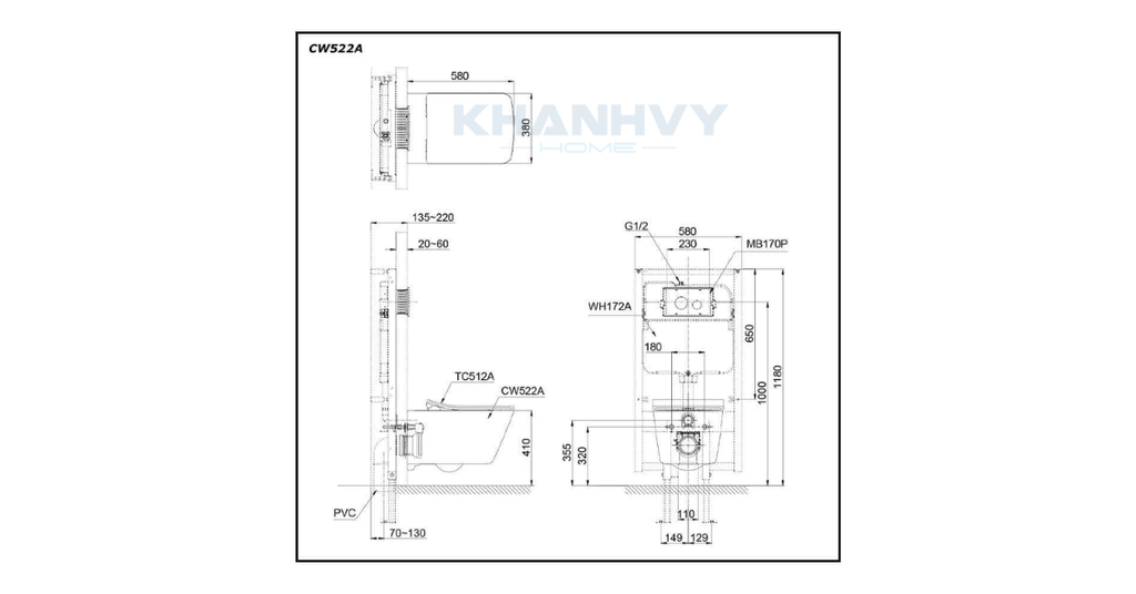 Bản vẽ kích thước của bồn Cầu Treo Tường TOTO CW522A/TC512A/WH172A/MB171M#SS