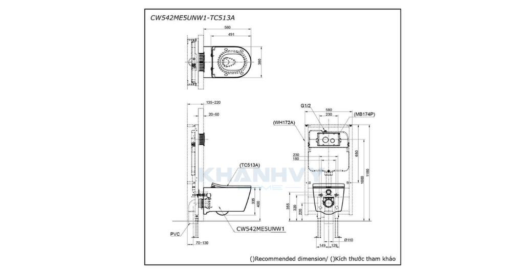 Bản vẽ kích thước của bồn cầu treo tường TOTO CW542ME5UNW1