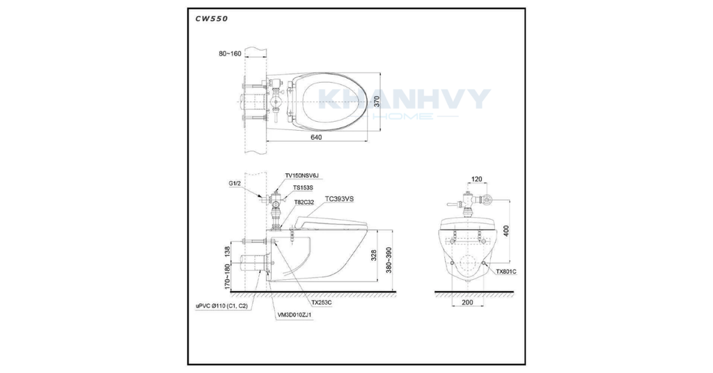 Bản vẽ kich thước của bồn cầu treo tường TOTO CW550/TC393VS/TS153S/TV150NSV6J