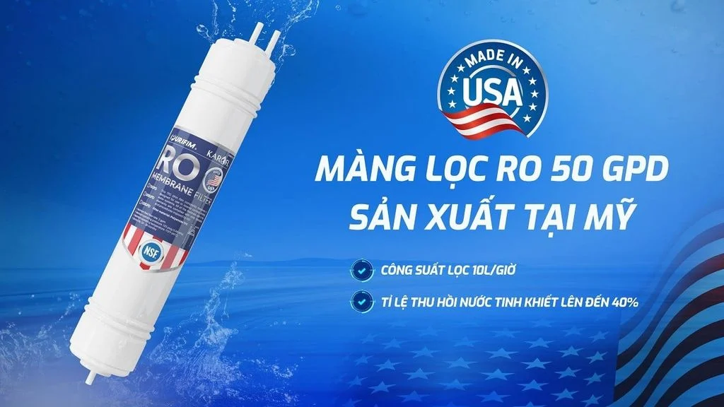 Máy lọc nước Karofi KSI90 PRO RO có màng RO 50 GPD sản xuất tại Mỹ