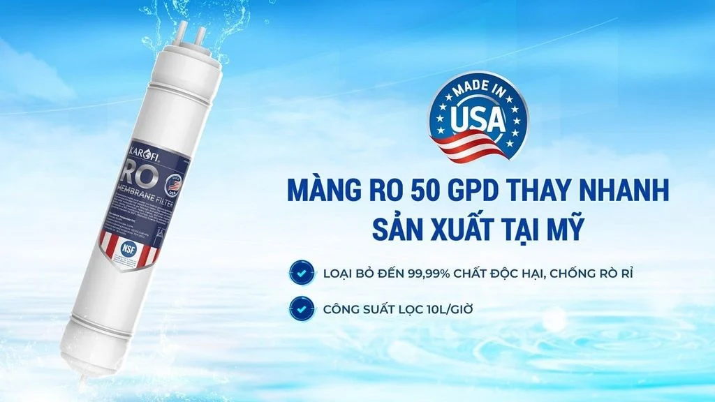 Máy lọc nước Karofi KAQ-F38 RO có màng RO 50 GPD sản xuất tại Mỹ
