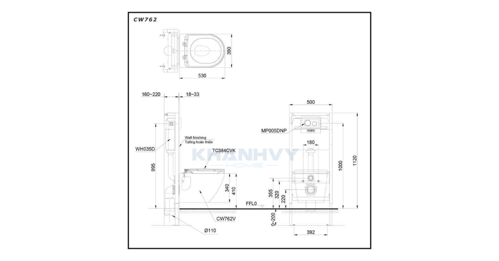 Bản vẽ kích thước của bàn cầu treo tường TOTO CW762/TC384CVK