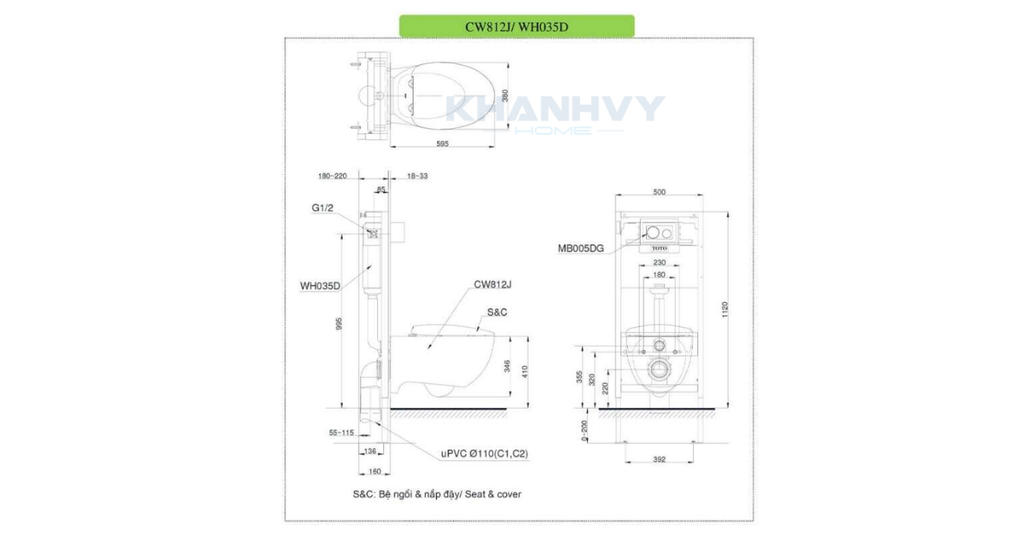 Bản vẽ kích thước của bàn cầu treo tường TOTO CW812JWS/TC811SJ