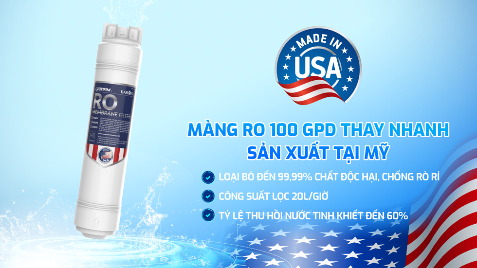 Máy lọc nước Karofi KAQ-U95 Pro RO có màng lọc RO Purifim 100 GPD sản xuất tại Mỹ