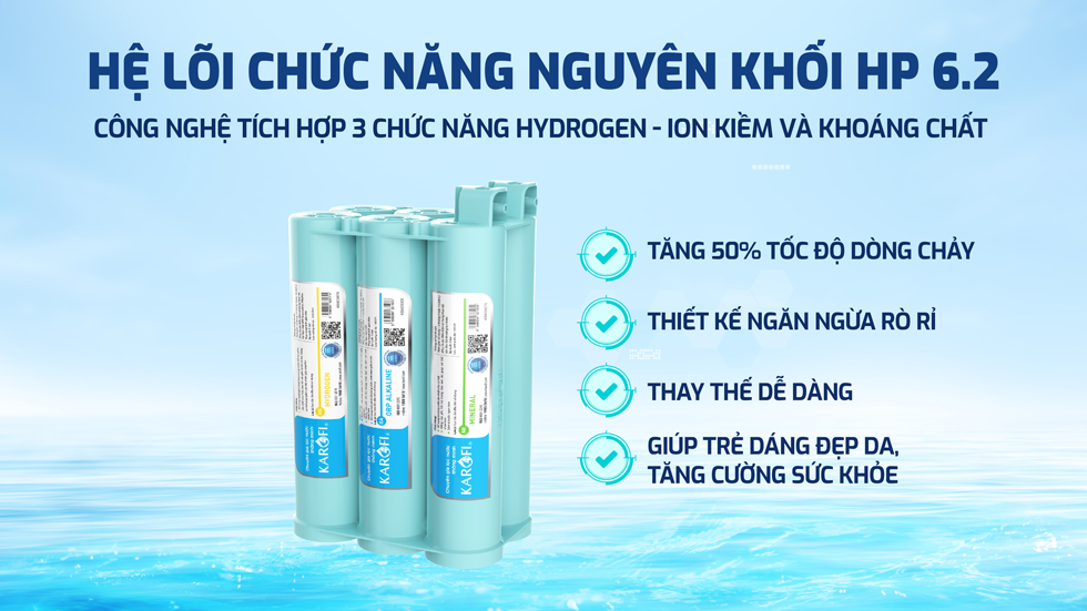 Máy lọc nước Karofi KAQ-U95 Pro RO có hệ lõi chức năng Smax HP 6.2 nguyên khối vô trùng 3 trong 1