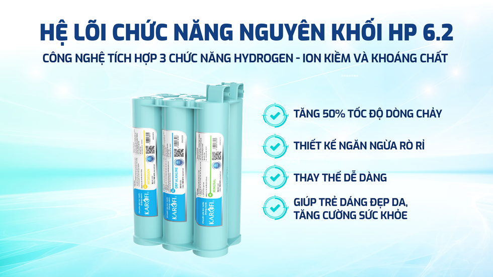 Máy lọc nước Karofi KAQ-U98 Pro RO có hệ lõi chức năng Smax HP 6.2 nguyên khối tích hợp 3 chức năng