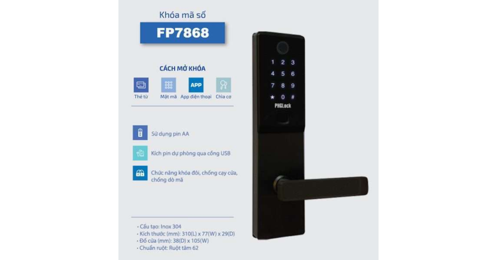 Khóa vân tay PHGlock FP7868 đen và bạc đều được tích hợp nhiều phương thức mở khóa