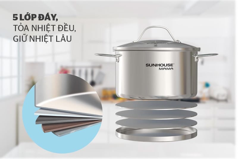Các thương hiệu nồi 5 đáy bạn có thể cân nhắc là Elo hay Elmich, Sunhouse,..