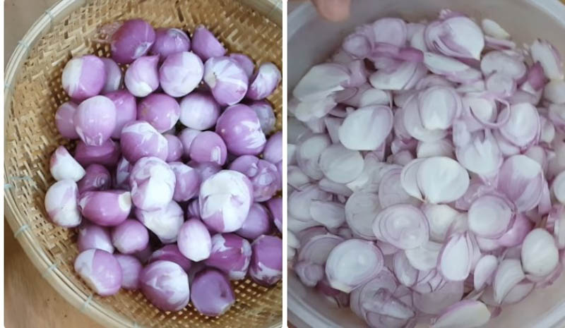 Thái hành phi thành từng lát mỏng và đều nhau 