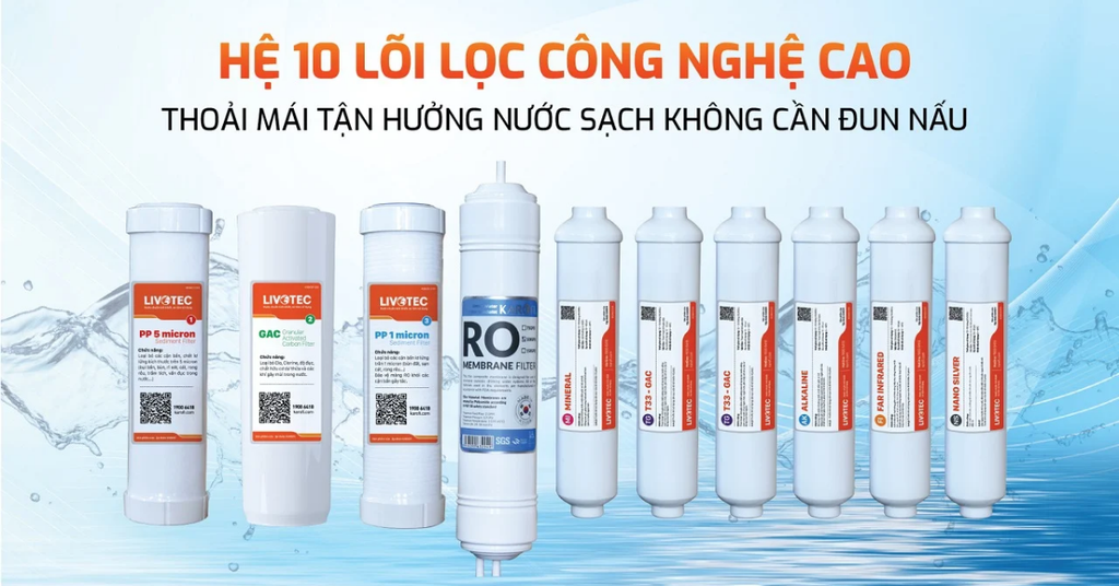 Hệ thống 10 lõi lọc công nghệ cao đảm bảo nước tinh khiết